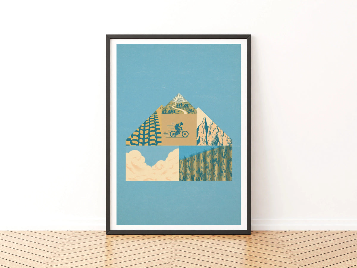 Mountain Bike Retro Poster, Cycling Wall Art Print, Vintage MTB Collage, Blue Gold