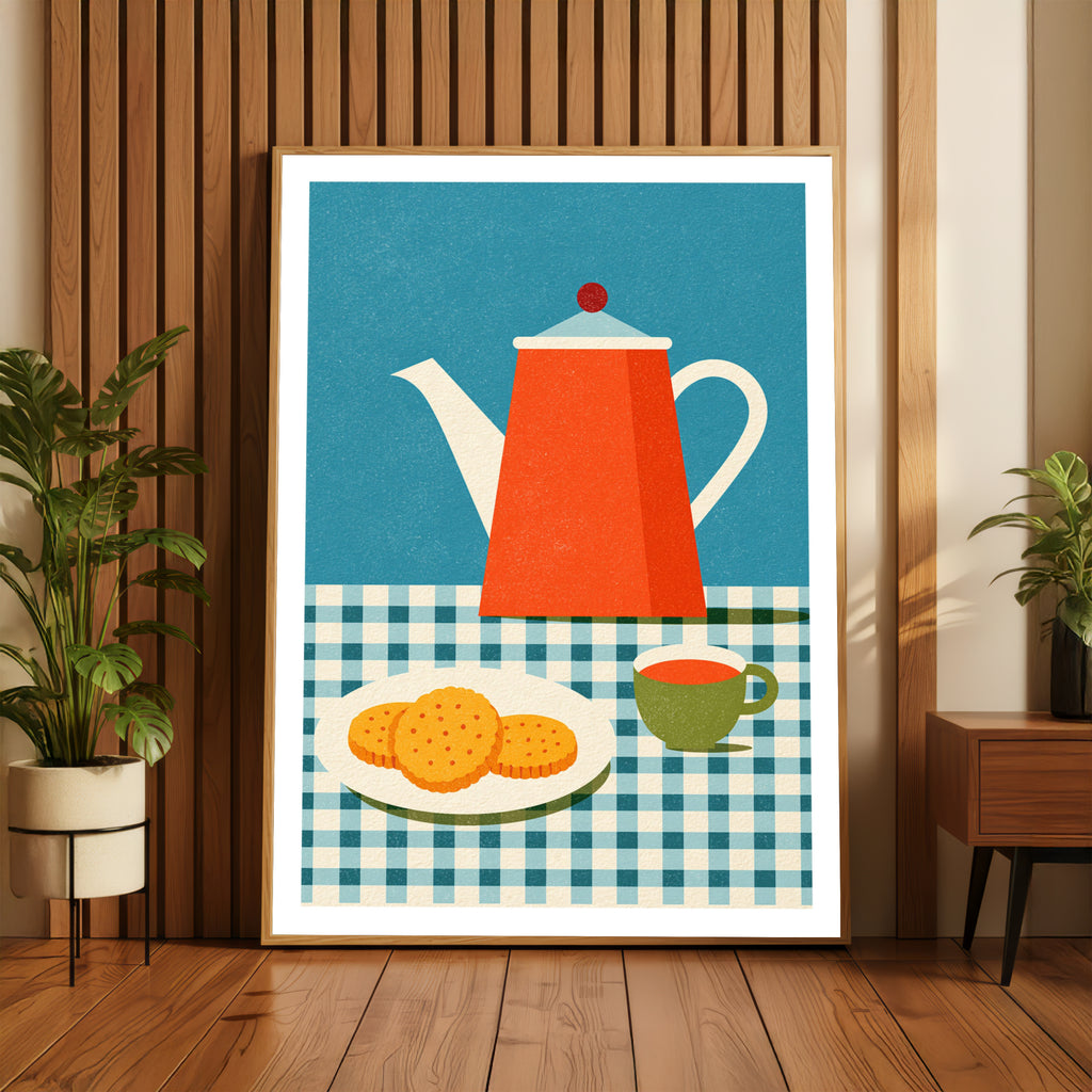 Vintage Food Poster Print, Tea and Biscuits, Rustic Kitchen Decor, Retro Mid Century Risograph Art