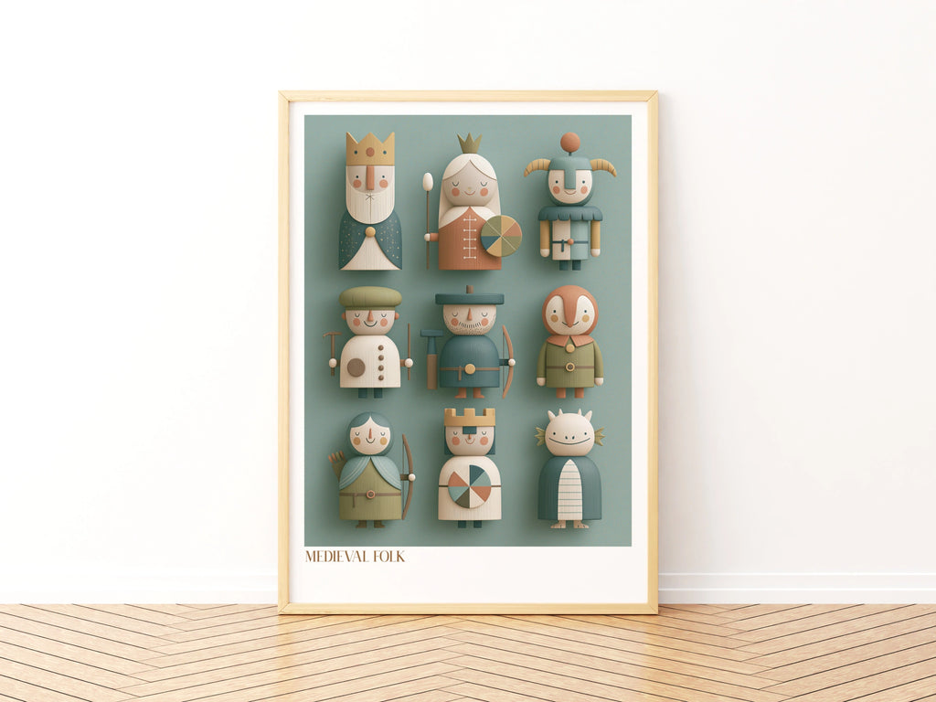 Medieval Folk Retro Children's Print, Wooden Toy Characters, Kids Wall Art Poster