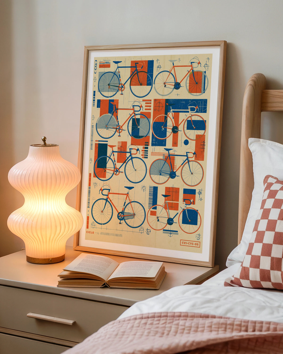 Retro Bicycle Poster, Vintage Cycling Blueprint Art Print, Blue Orange Bike Wall Art