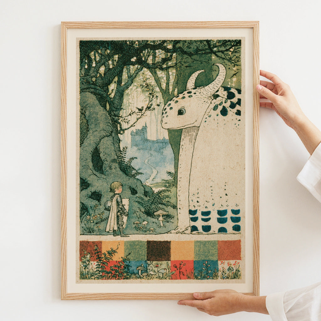Retro Children's Dragon Knight Print, Vintage Folk Tale Wall Art, Kids Fantasy Poster George and the Dragon