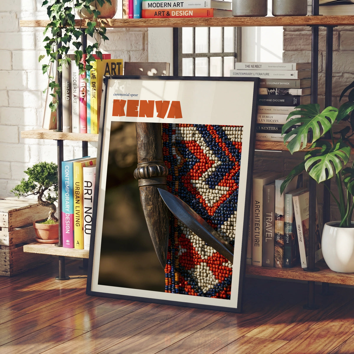 Kenya Travel Print, Contemporary African Wall Art, Maasai Ceremonial Spear, Beadwork Decor