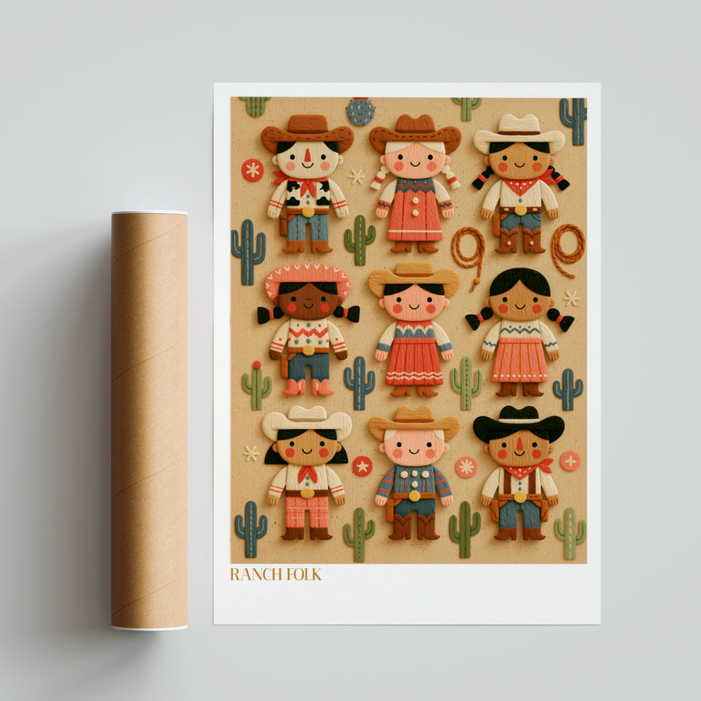 Ranch Folk Retro Kids Cowboy Poster, Children's Western Wall Art, Cute Nursery Print Collectable