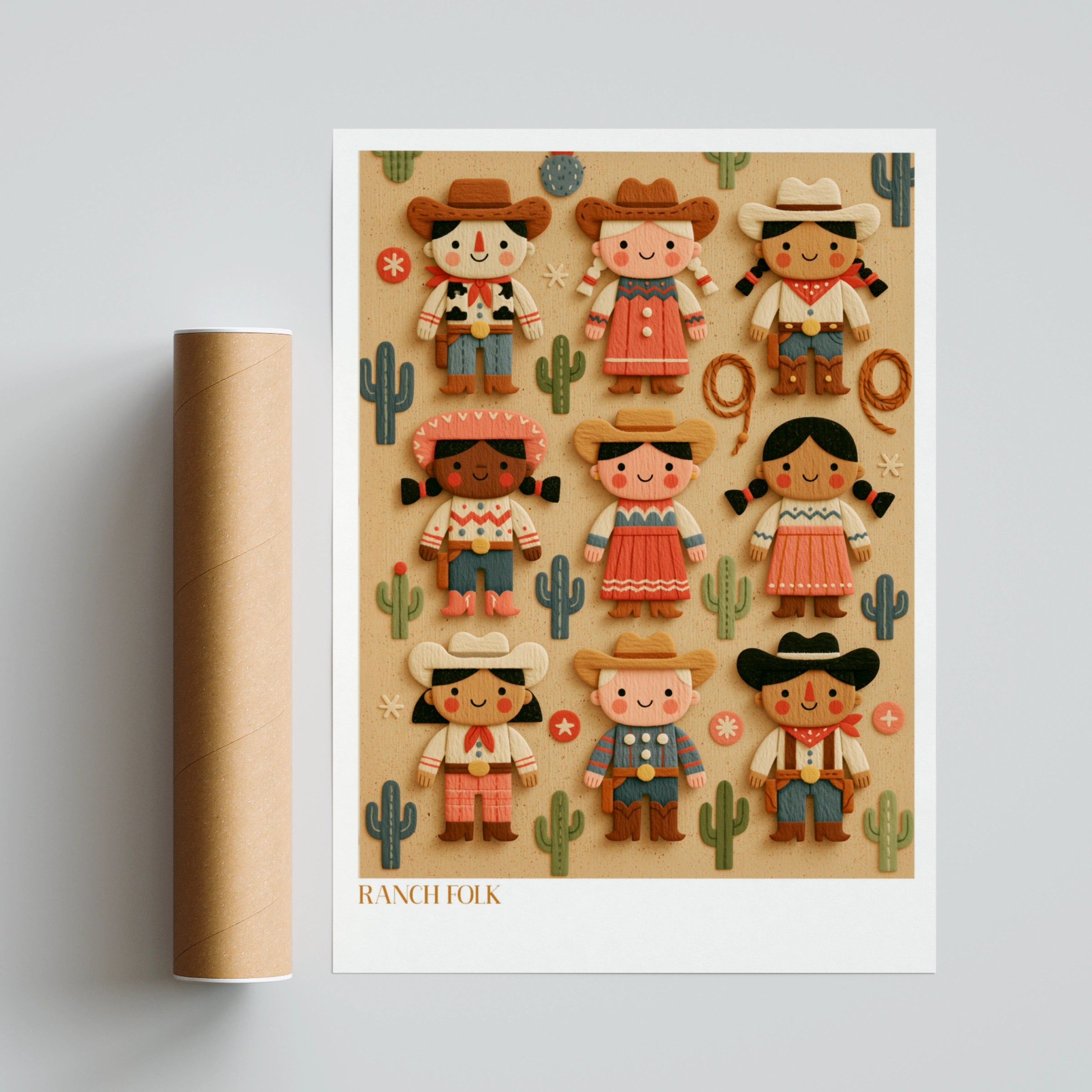 Ranch Folk Retro Kids Cowboy Poster, Children's Western Wall Art, Cute Nursery Print Collectable