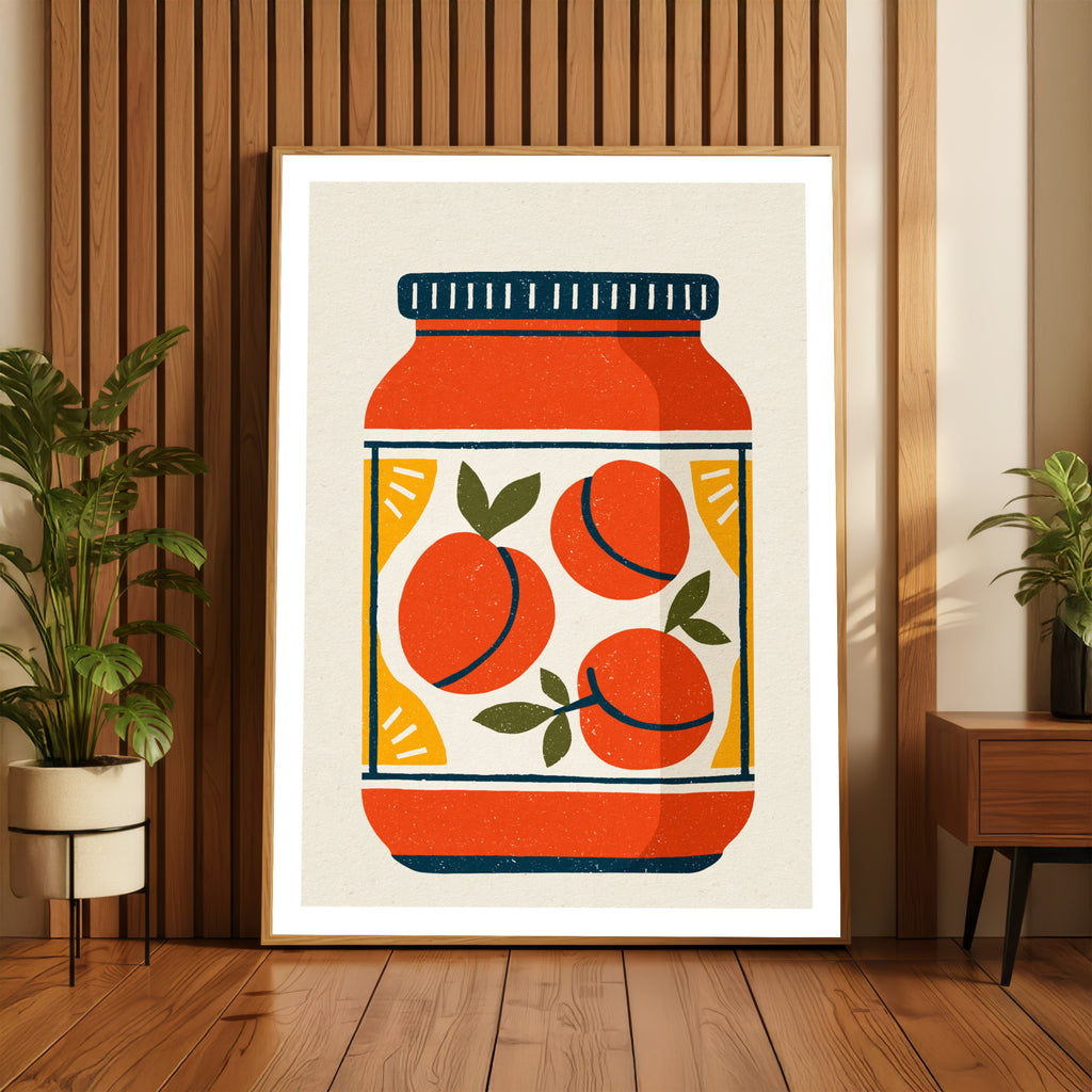 Vintage Food Poster Print, Peach Jam Jar, Rustic Kitchen Decor, Retro Mid Century Risograph Art