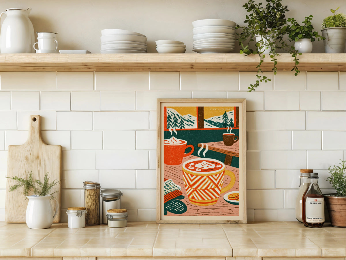 Vintage Food Poster Print, Hot Chocolate Chaud, Rustic Kitchen Decor, Retro Mid Century Risograph