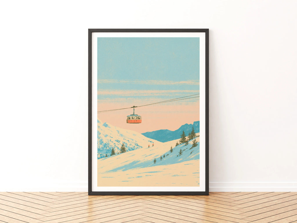 Retro Ski Cable Car Poster, Alpine Snow Mountain Print, Vintage Skiing Wall Art