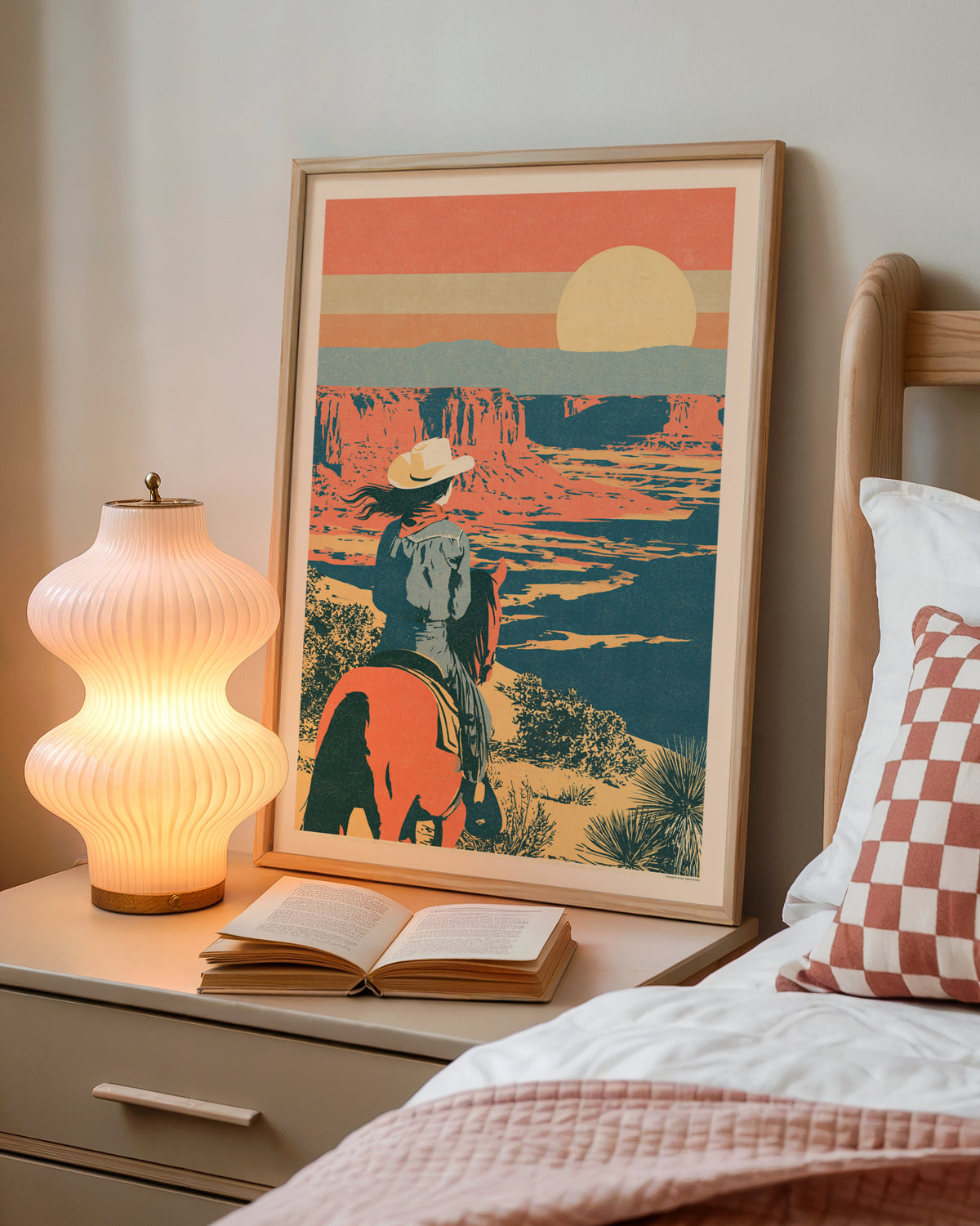 Retro Desert Canyon Sunset Print, Vintage Travel Poster, Cowgirl on Horseback, Southwest Wall Art
