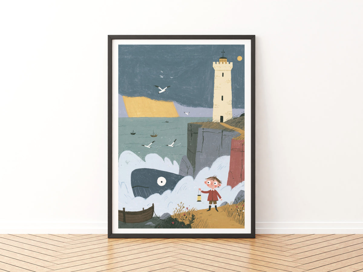 Lighthouse Whale Art Print, Children's Book Illustration, Coastal Nursery Wall Art, Boy With Lantern