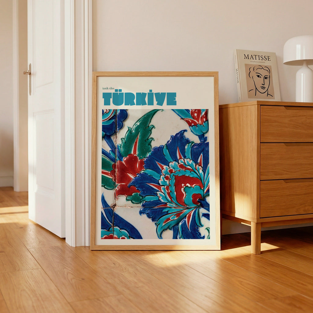 Turkiye Iznik Tiles Vintage Travel Poster, Turkey Print, Teal Blue Floral Wall Art