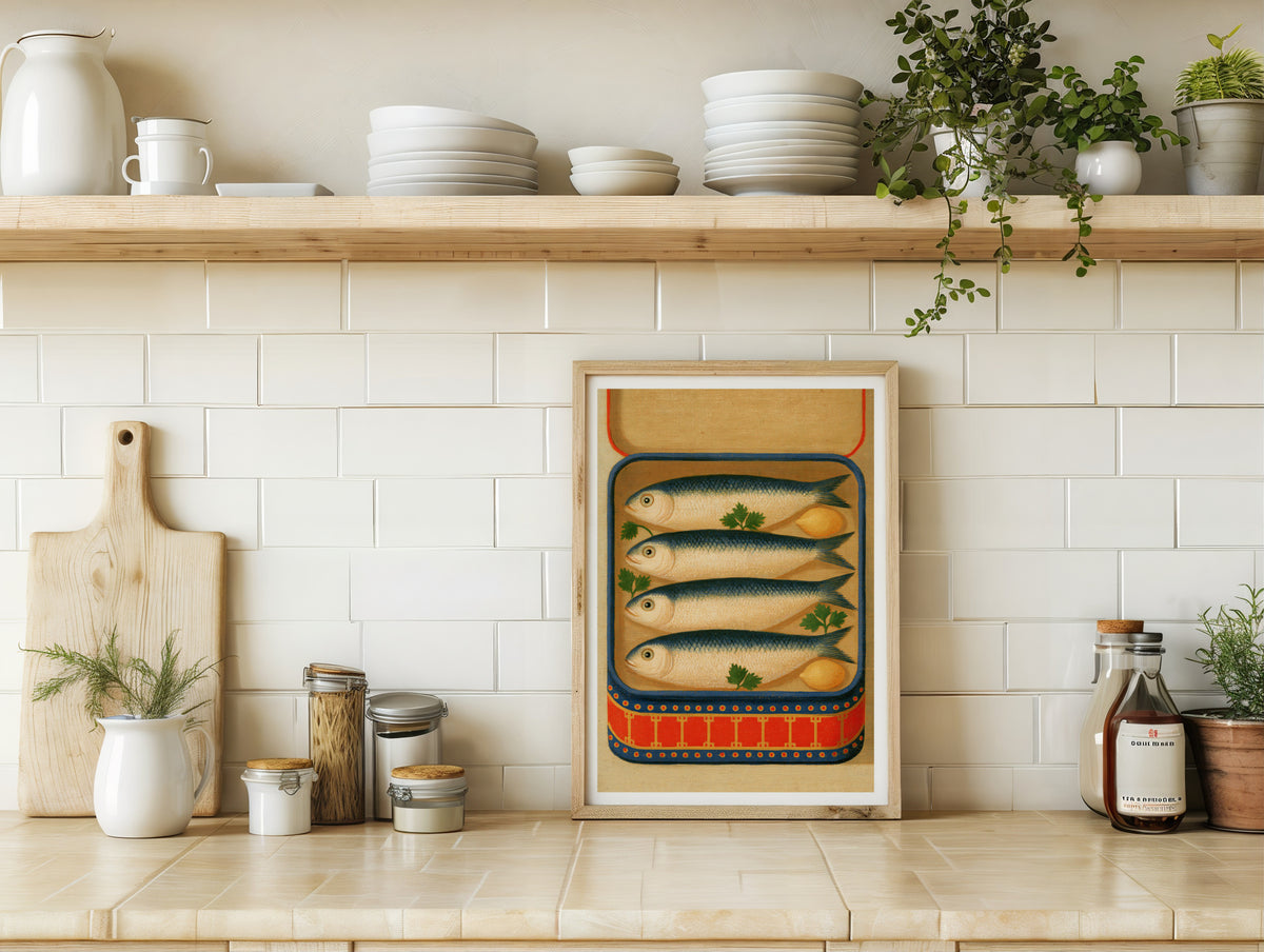 Vintage kitchen art / retro food art / tinned fish art / Mediterranean kitchen art / coastal kitchen art