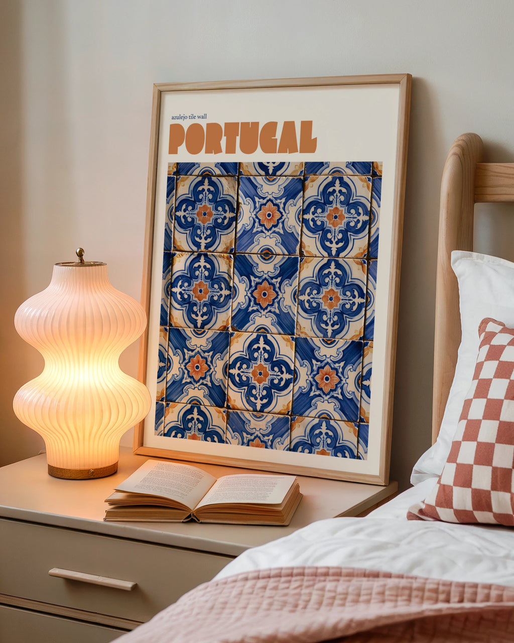 Portugal Azulejo Tile Retro Travel Poster, Blue Terracotta Wall Art Print