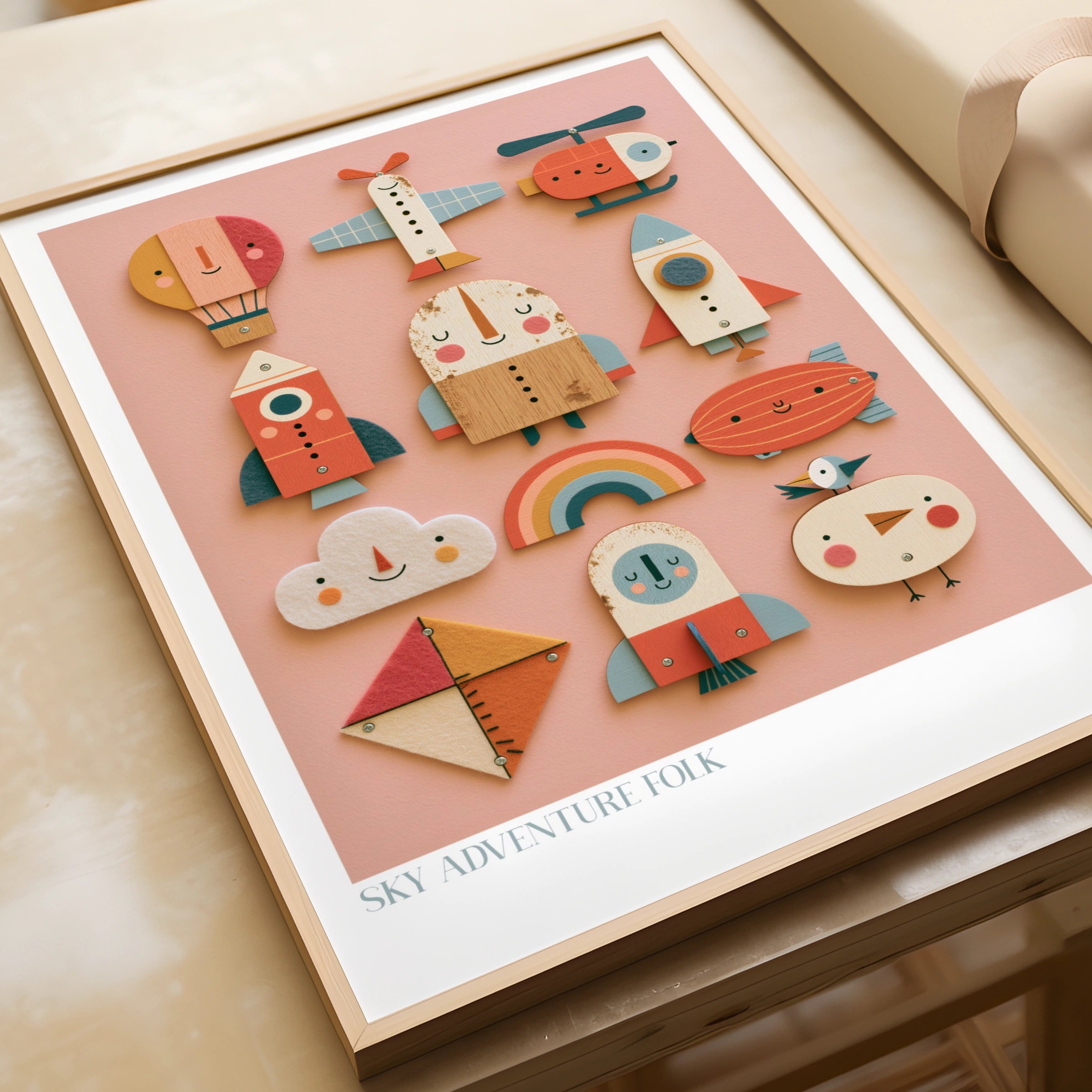 Sky Adventure Folk Retro Kids Print, Wooden Toy Art, Children's Collectable Nursery Poster