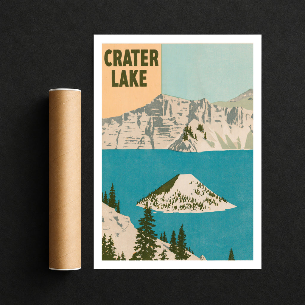 Retro Crater Lake Poster, Vintage Travel Print, Oregon National Park Wall Art, Wizard Island