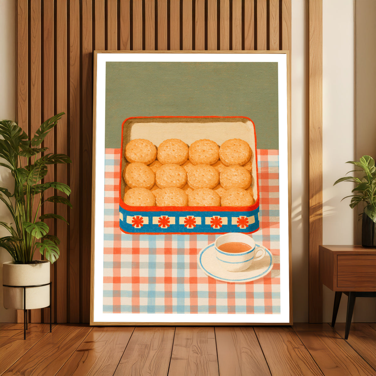 Vintage Food Poster Print, Biscuit Tin and Tea Cup, Rustic Kitchen Decor, Retro Mid Century