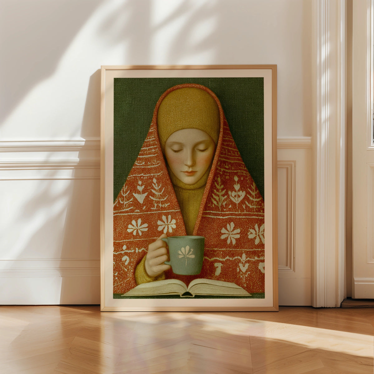 Classic Inspired Woman Reading Print, Cosy Tea Poster, Folk Art Wall Art, Hygge Home Decor Gift