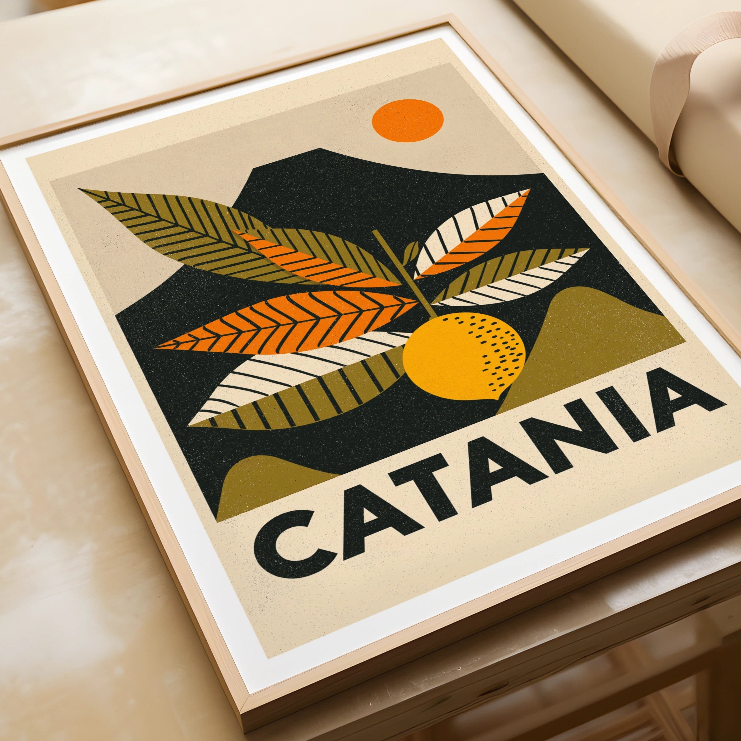Catania Retro Travel Poster, Sicily Italy Print, Vintage Travel Wall Art, Citrus Orange Etna