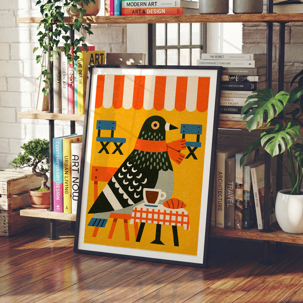 Vintage Pigeon Cafe Poster, Retro Bird Coffee Print, Funny Animal Wall Art, Bold Colourful