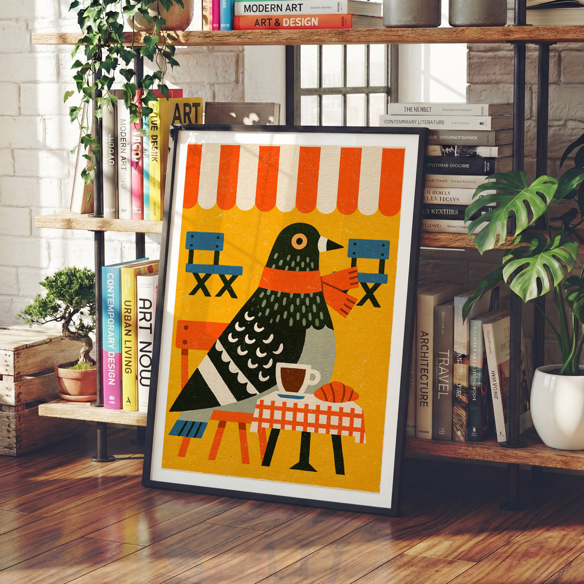 Vintage Pigeon Cafe Poster, Retro Bird Coffee Print, Funny Animal Wall Art, Bold Colourful