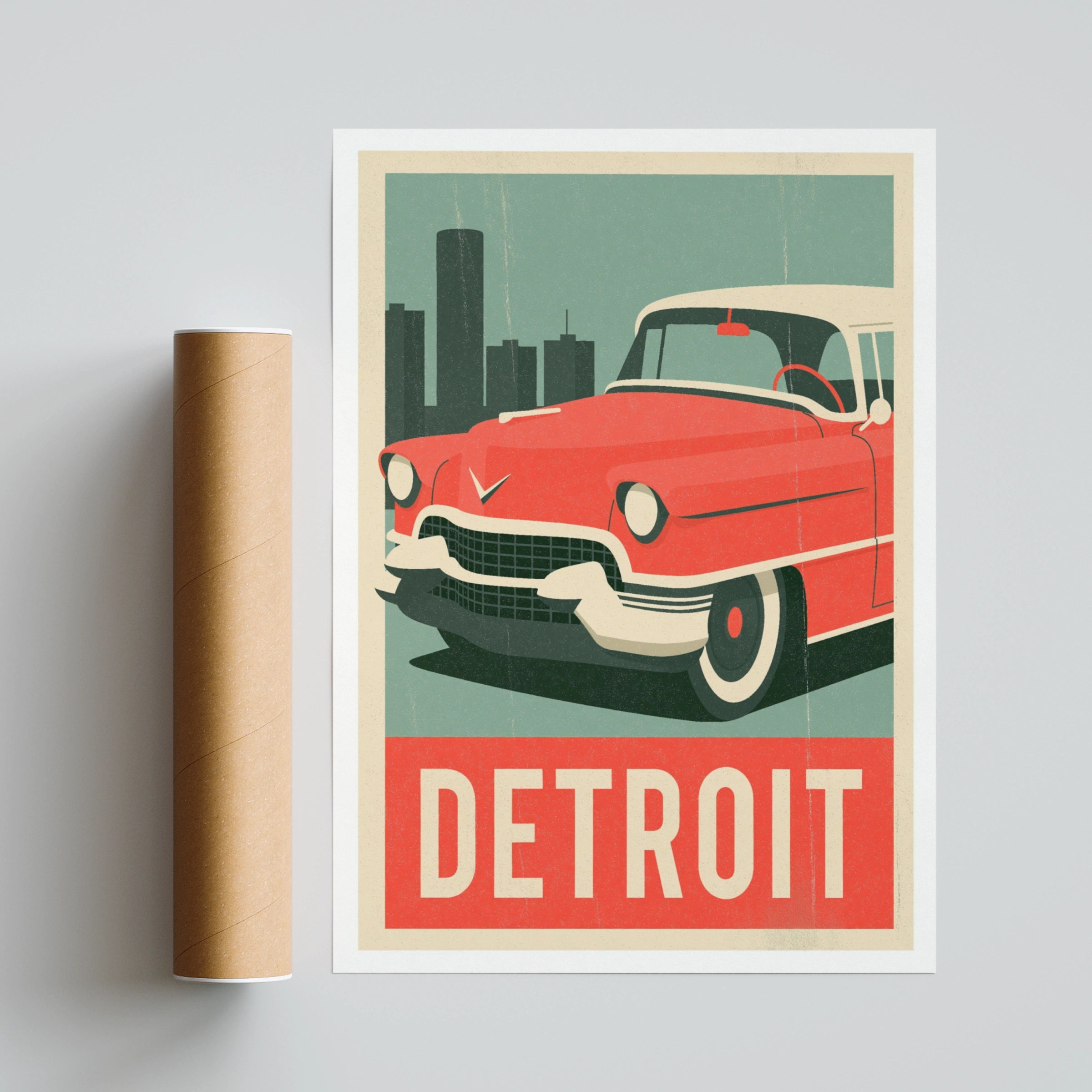 Detroit Retro Travel Poster, Classic American Car Print, USA City Wall Art Gift