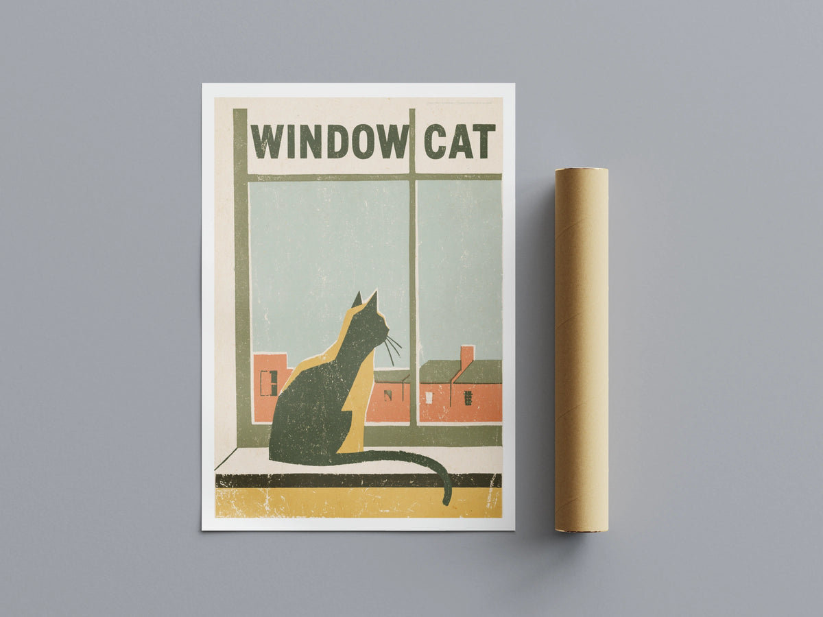 Window Cat Retro Print, Vintage Cat Wall Art, Folk Style Cat Lover Gift, Quirky