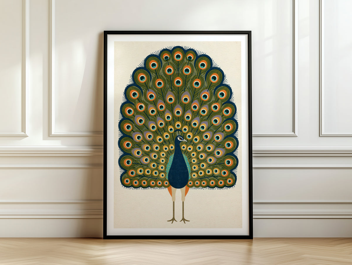 Vintage Peacock Print, Retro Bird Wall Art, Mid Century Poster, Colourful Feather Illustration