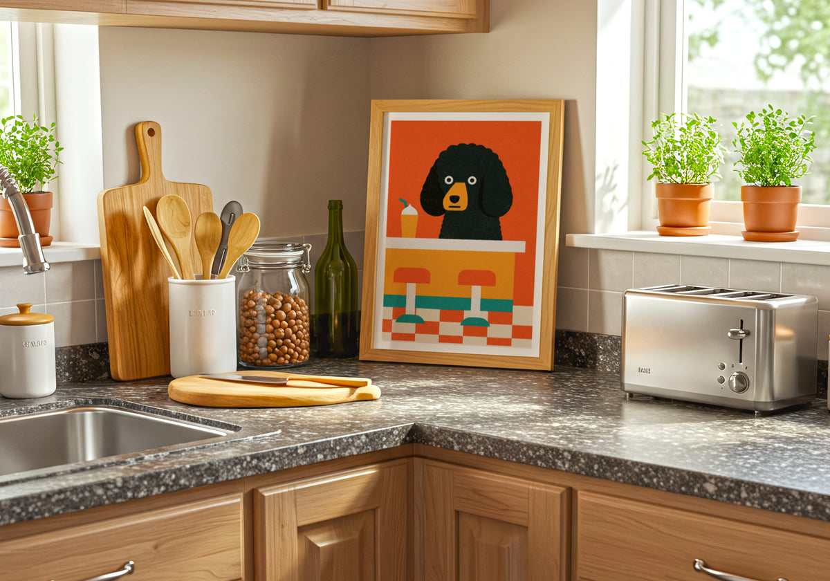 Vintage Food Poster Print, Retro Mid Century Poodle Diner Dog Art, Rustic Kitchen Decor Gift