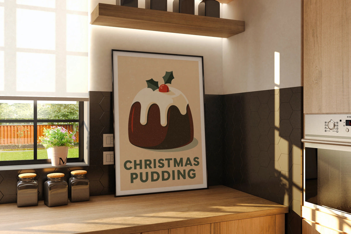 Christmas Pudding Vintage Food Poster Print | Rustic Kitchen Decor | Retro Mid Century Risograph