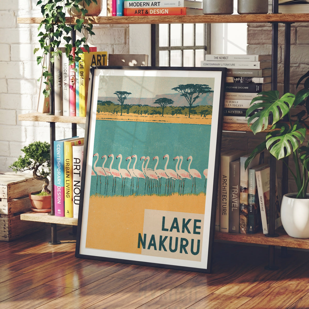 Retro Lake Nakuru Poster, Vintage Travel Flamingo Print, Kenya Safari Wall Art, African Wildlife