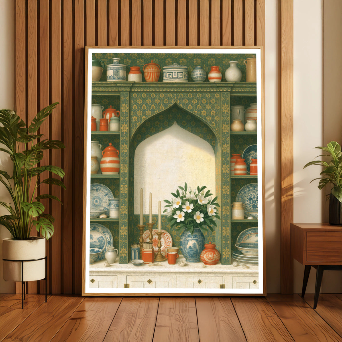 Vintage Pottery Shelf Print, Classic Kitchen Still Life, Floral Vase Wall Art Poster