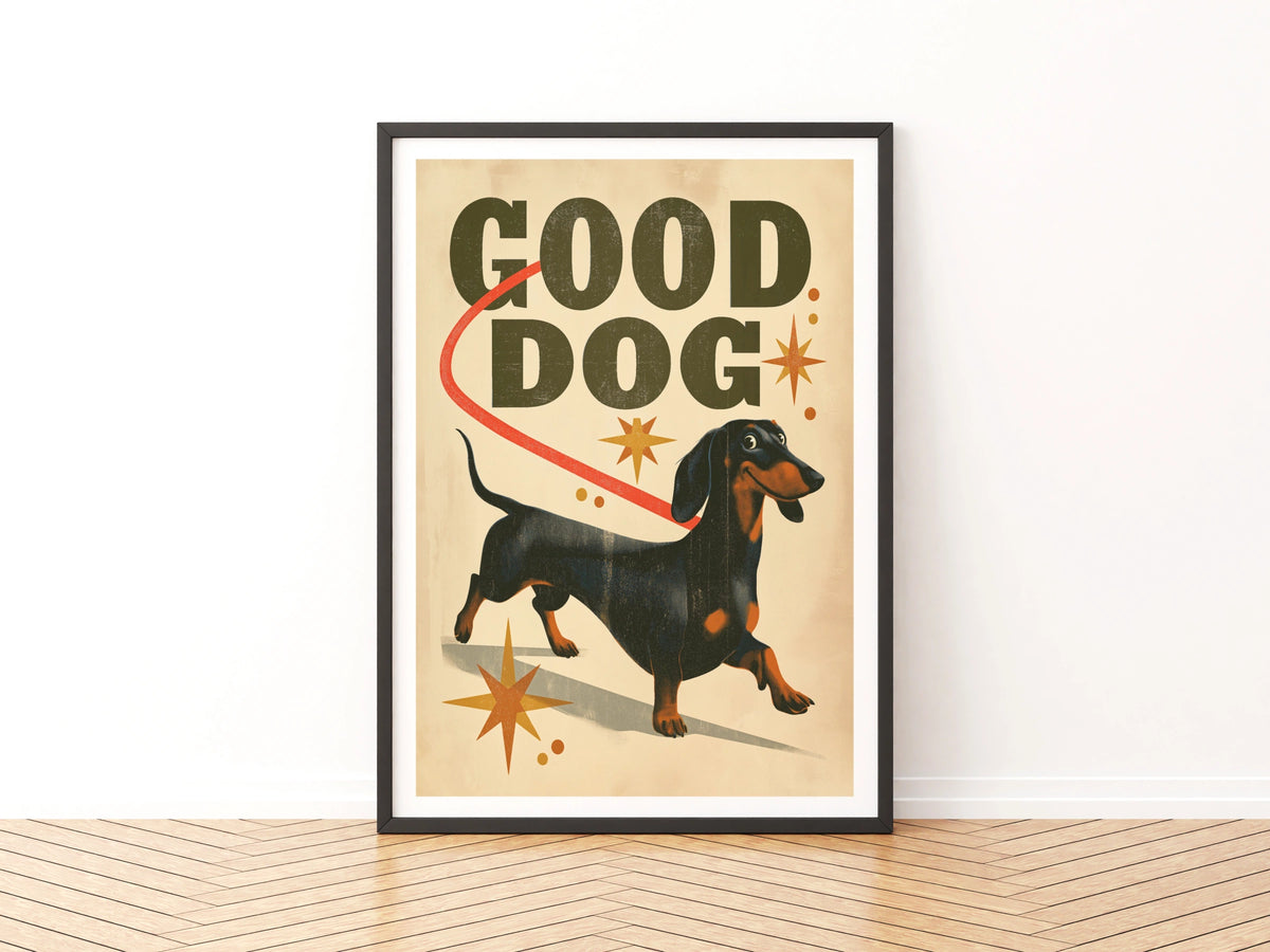 Good Dog Dachshund Retro Poster, Sausage Dog Wall Art, Vintage Folk Print, Dog Lover Gift