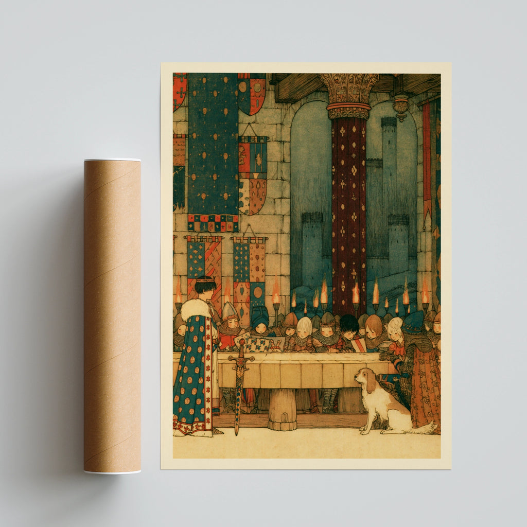 King Arthur and Roundtable Medieval Castle Kids Print, Knights Banquet Wall Art, Children's Collectable Poster