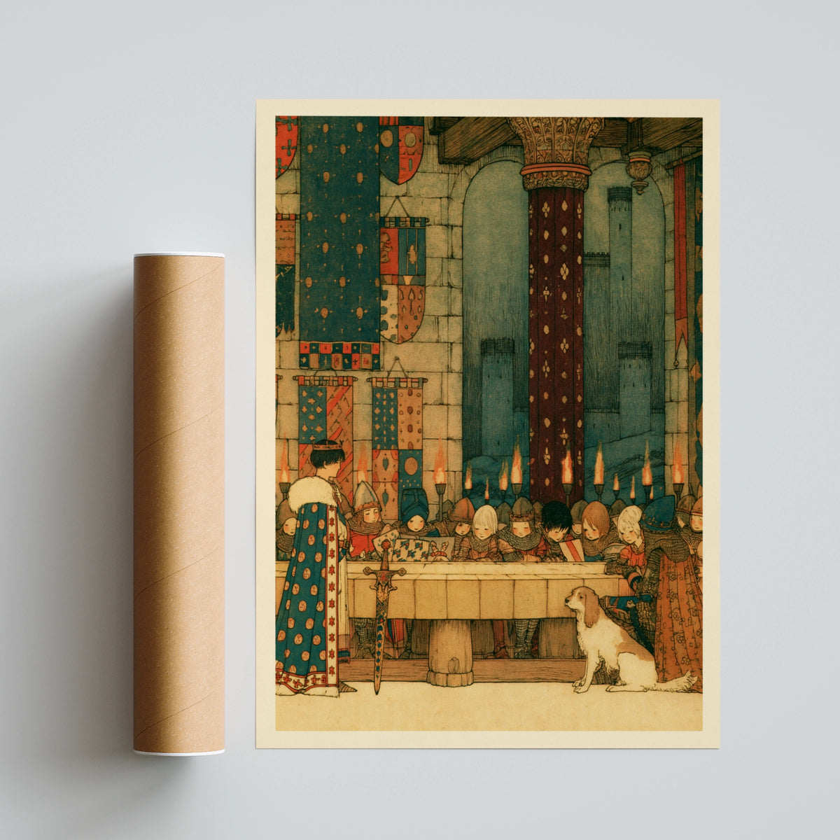 King Arthur and Roundtable Medieval Castle Kids Print, Knights Banquet Wall Art, Children's Collectable Poster