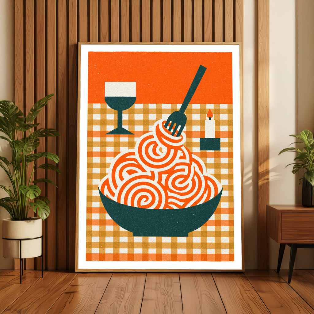  Pasta Print, Retro Spaghetti Bowl Art, Rustic Kitchen Decor, Mid Century Risograph