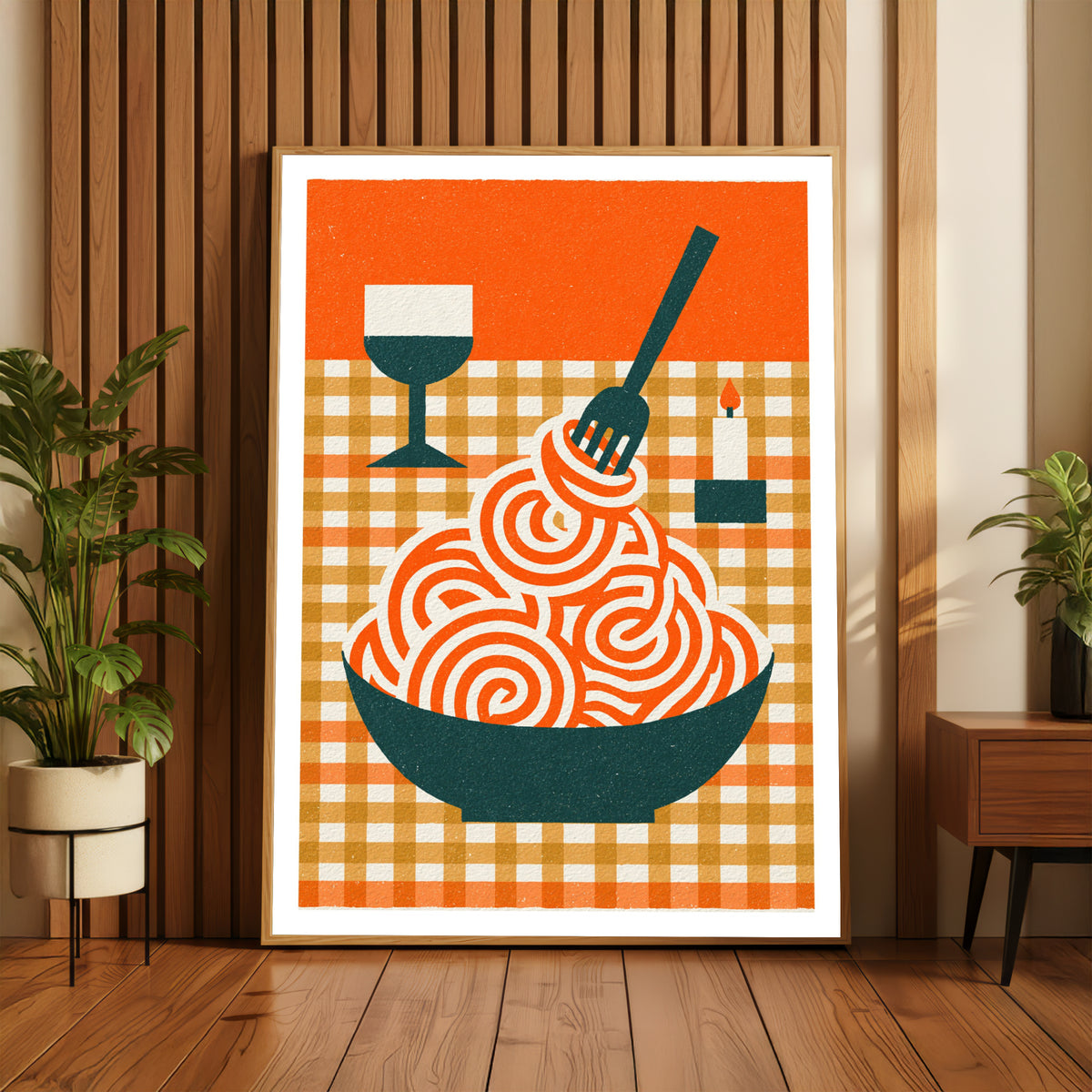  Pasta Print, Retro Spaghetti Bowl Art, Rustic Kitchen Decor, Mid Century Risograph