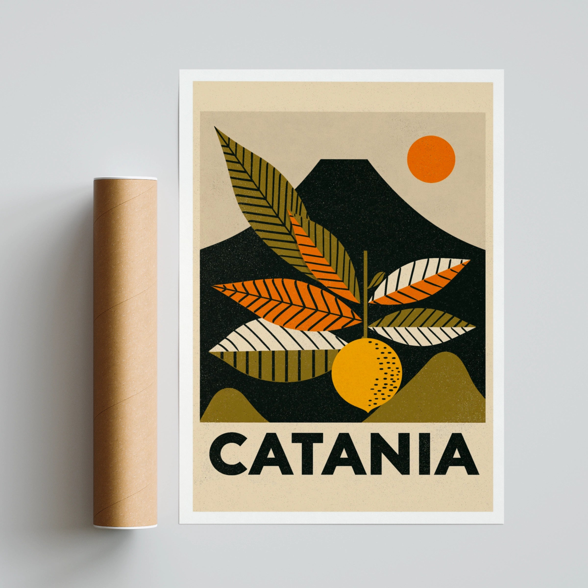 Catania Retro Travel Poster, Sicily Italy Print, Vintage Travel Wall Art, Citrus Orange Etna