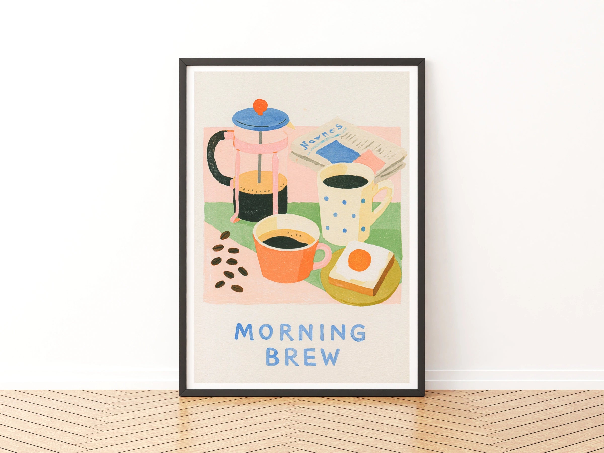 Morning Brew Vintage Food Poster Print | Rustic Kitchen Decor | Retro Mid Century Risograph Coffee