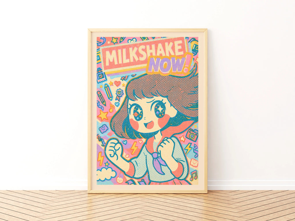 Milkshake Now Retro Kawaii Girl Poster, Cute Anime Print, Teen Bedroom Print