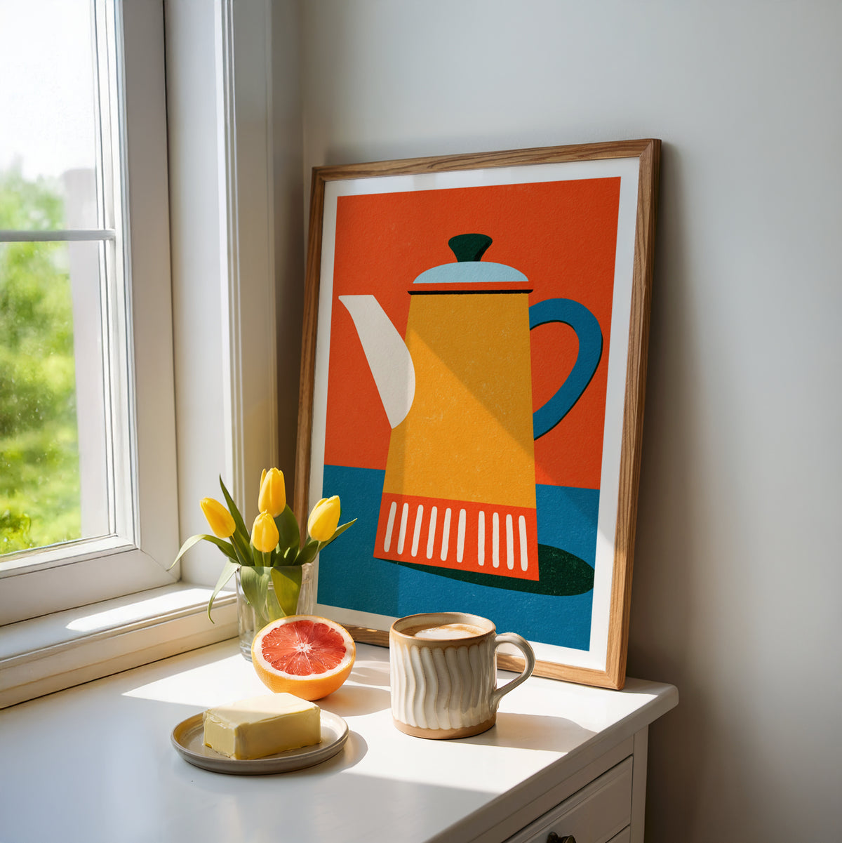 Vintage Food Poster Print, Retro Mid Century Risograph Coffee Pot, Rustic Kitchen Decor Art