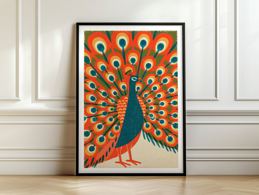 Retro Peacock Wall Art, Vintage Bird Poster, Mid Century Animal Print, Bold Orange Gallery Wall