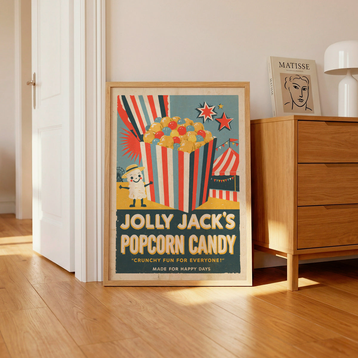 Contemporary Vintage Popcorn Candy Print, Retro Funfair Kitchen Wall Art, Circus Tent Food Poster