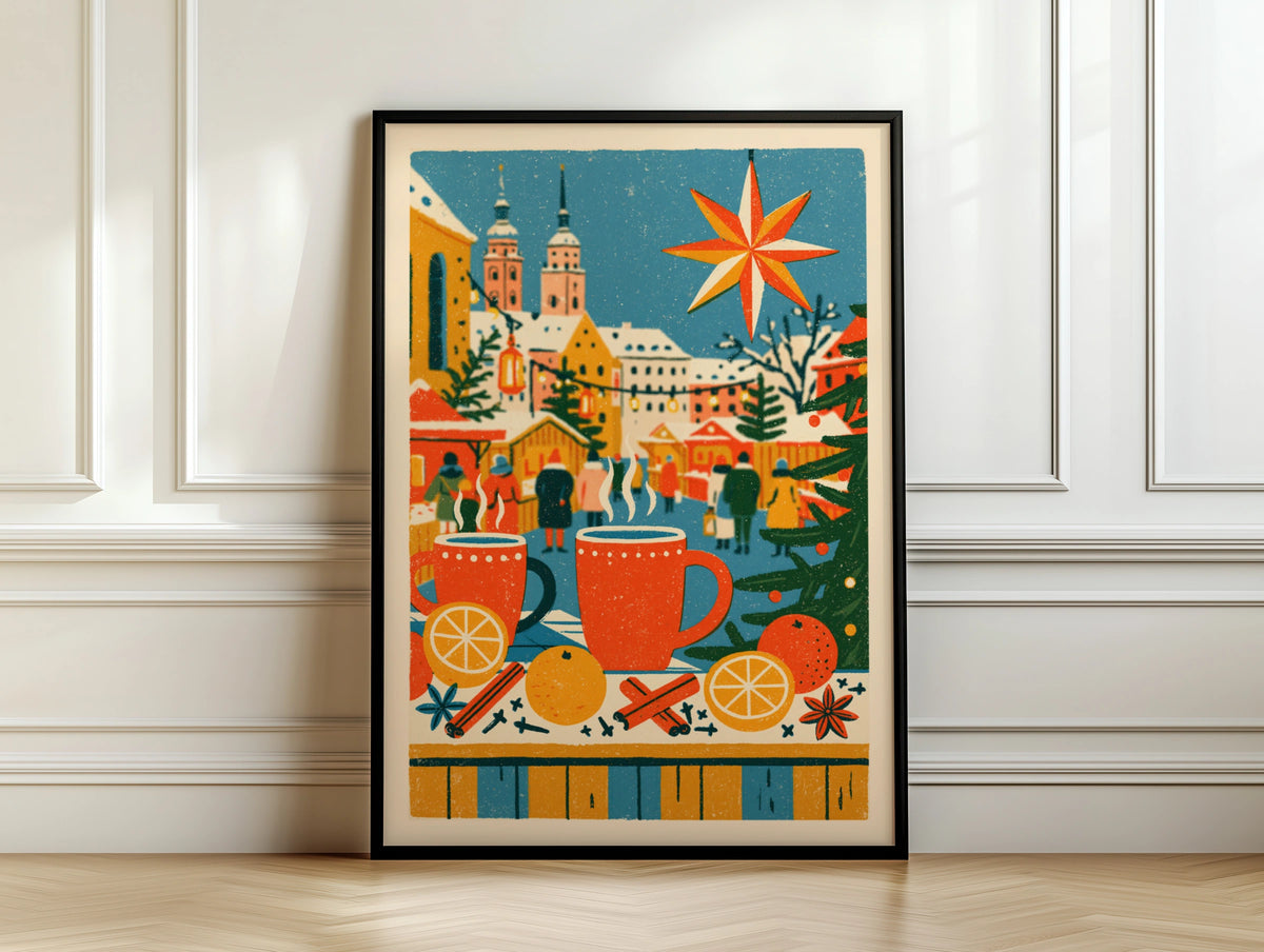 Vintage Christmas Market Poster, Mulled Wine Wall Art, Festive Winter Print, Retro Holiday Decor