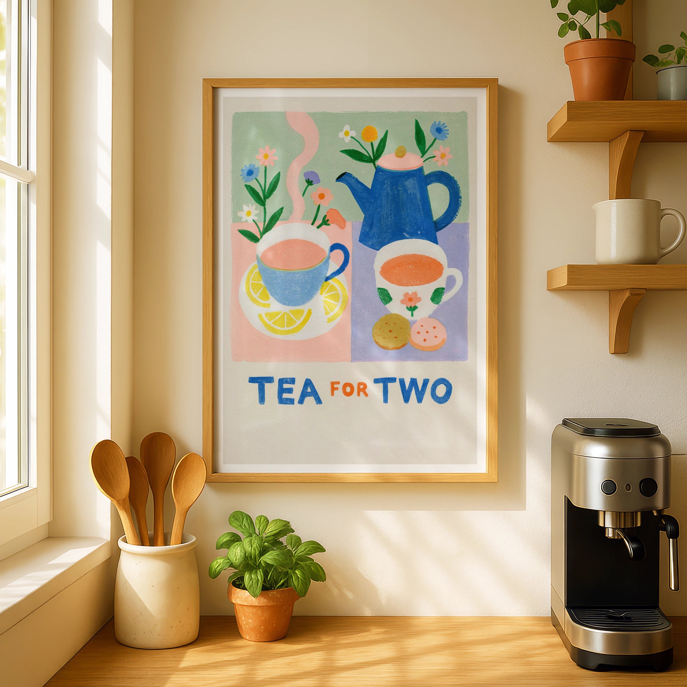 Tea for Two Vintage Food Poster Print | Rustic Kitchen Decor | Retro Mid Century Risograph