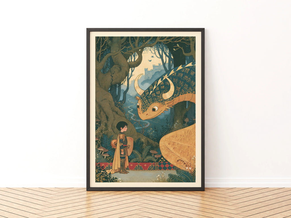 The Boy Knight and Dragon Print, Retro Children's Fantasy Poster, Fairy Tale Kids Wall Art