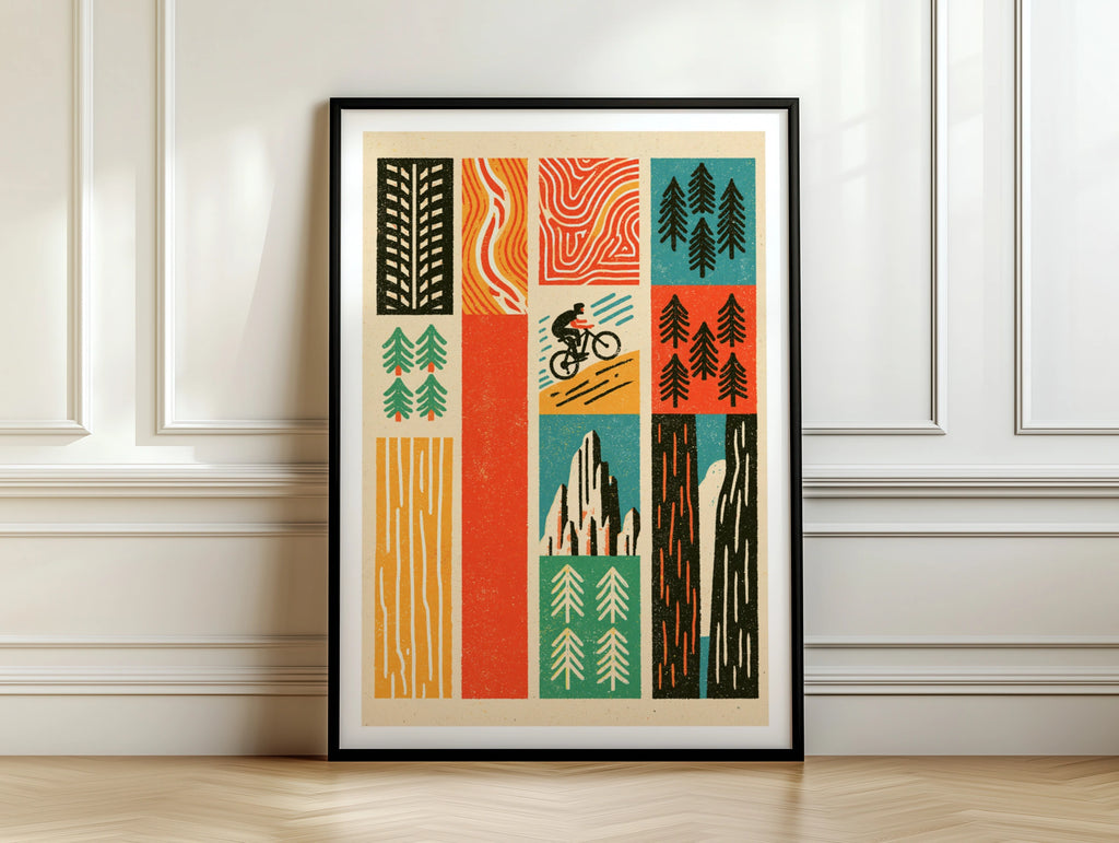 Retro Mountain Bike Poster, MTB Trail Art Print, Cycling Gift, Pine Tree Wall Art
