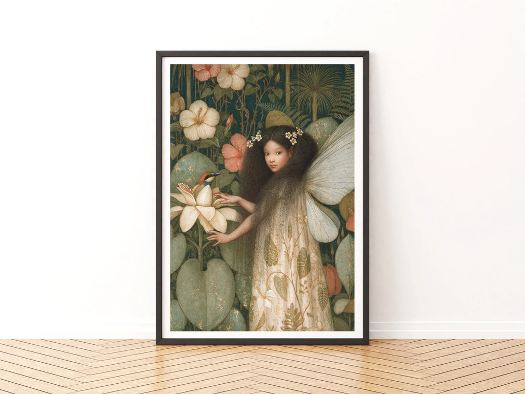 Tropical Fairy Garden Classic Inspired Print, Botanical Fantasy Poster, Floral Fairy Wall Art