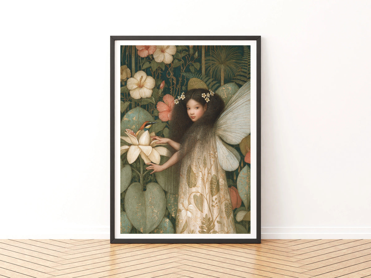 Tropical Fairy Garden Classic Inspired Print, Botanical Fantasy Poster, Floral Fairy Wall Art