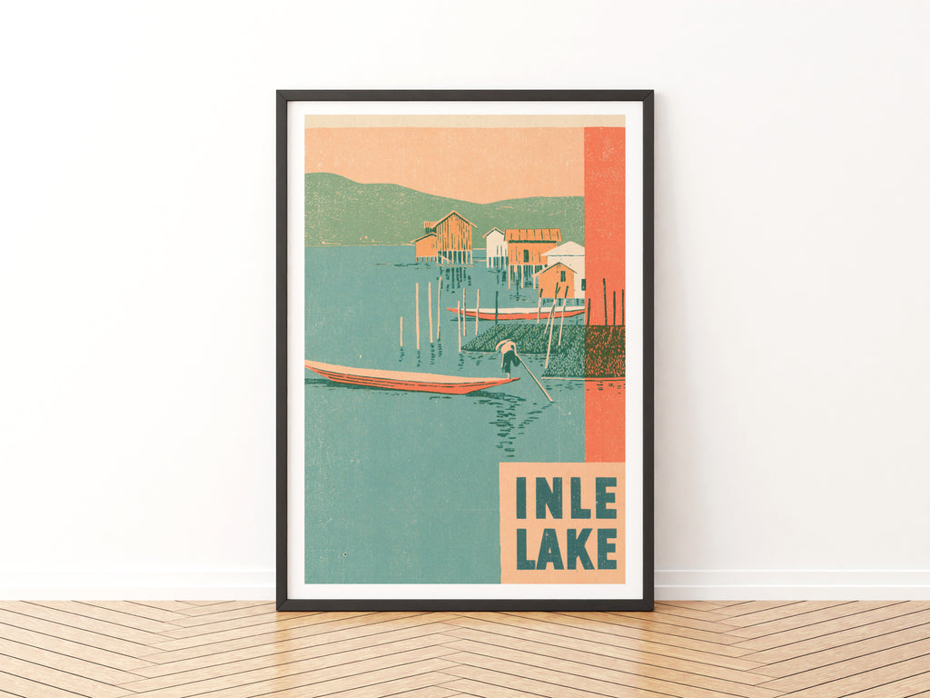 Retro Inle Lake Poster, Vintage Travel Print, Myanmar Burma Wall Art, Stilt Houses, Fisherman Boat
