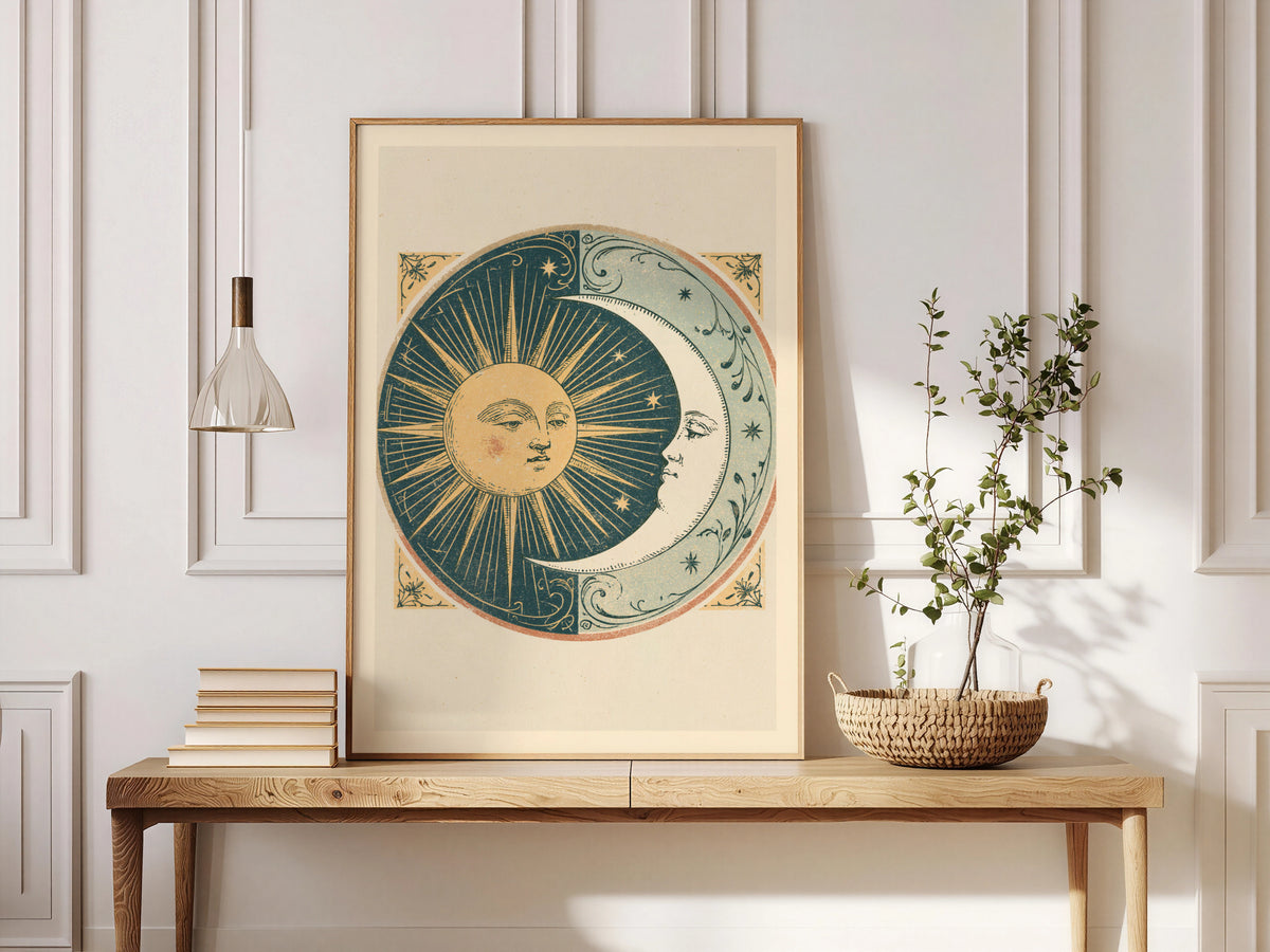 Vintage Sun and Moon Art Print, Celestial Wall Art, Boho Mystical Poster, Antique Astrology Decor