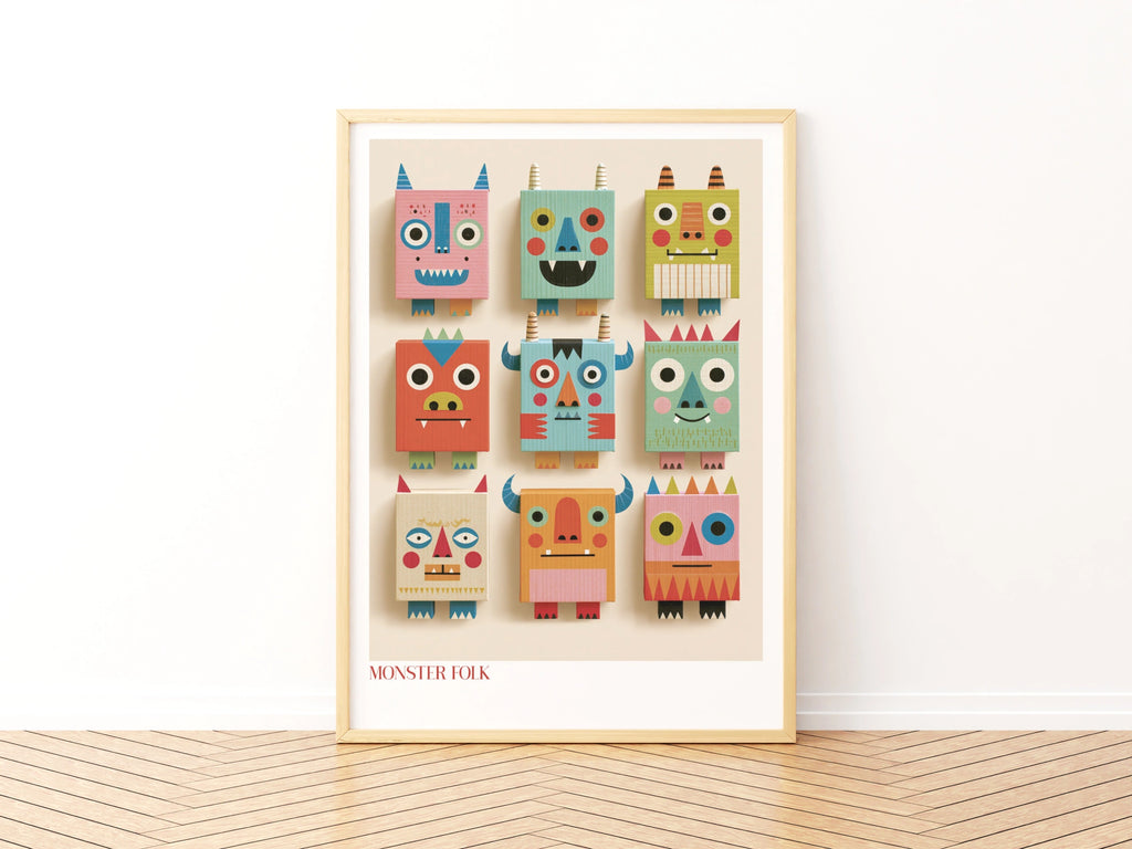 Monster Folk Kids Wall Art Print, Retro Nursery Poster, Colourful Children's Collectable Decor
